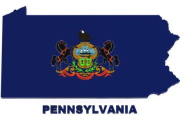 Blue Pennsylvania map with state insignia