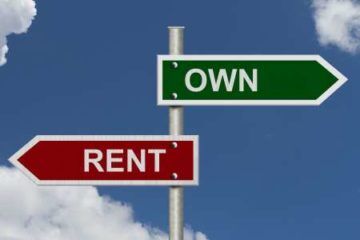 red rent sign and green own sign on pole with sky in the background